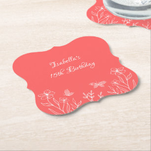 Romantic elegant coral pink floral wedding paper coaster