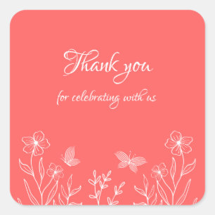 Romantic elegant coral pink floral wedding square sticker