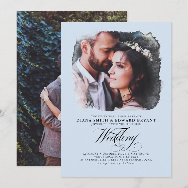 Romantic Elegant Dusty Blue 2 Photos Wedding Invitation (Front/Back)