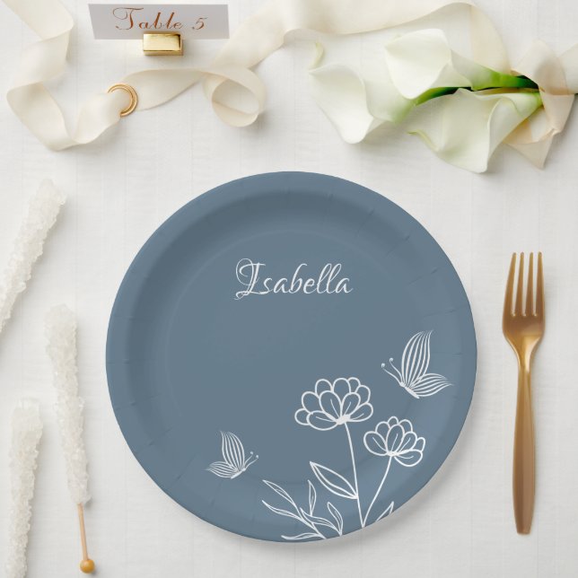Romantic elegant dusty blue floral  paper plate (Wedding)