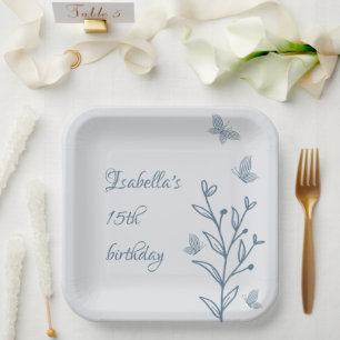 Romantic elegant dusty blue floral  paper plate