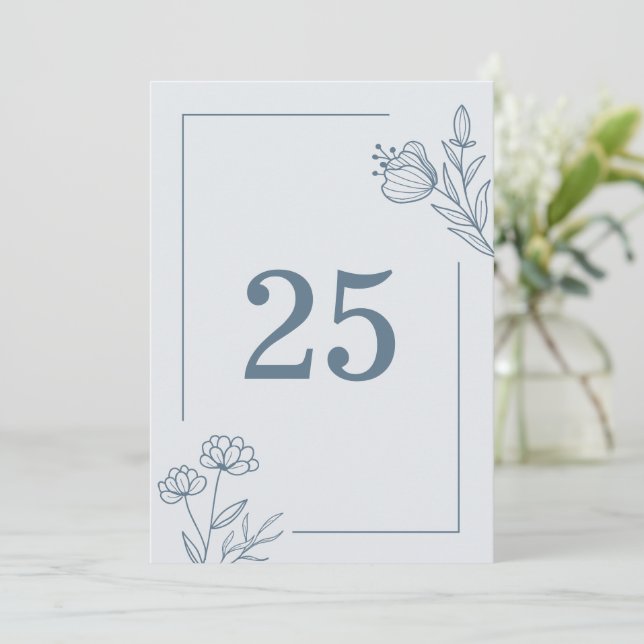 Romantic elegant dusty blue floral table number (Standing Front)