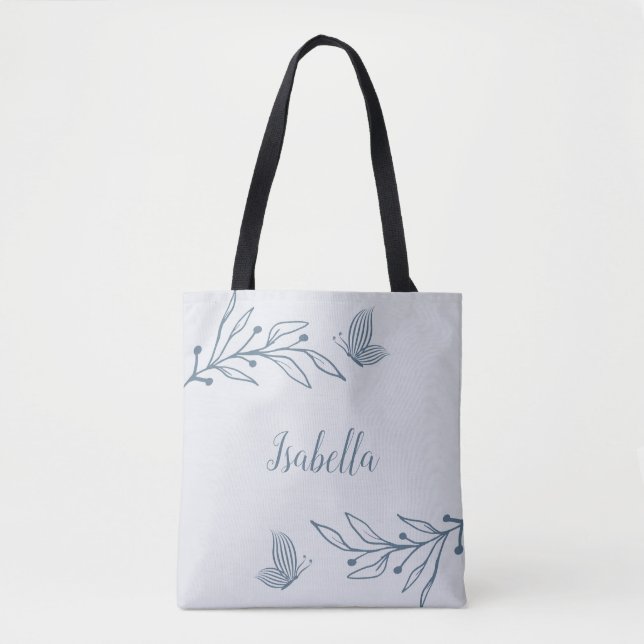 Romantic elegant dusty blue floral  tote bag (Front)
