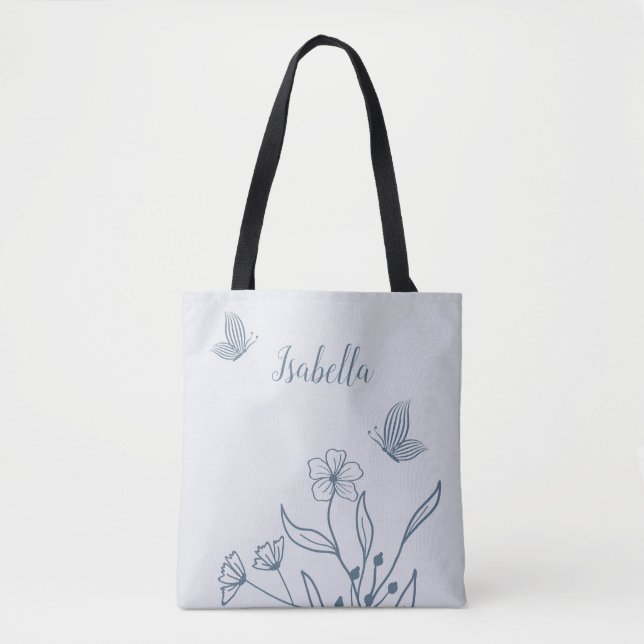 Romantic elegant dusty blue floral  tote bag (Front)
