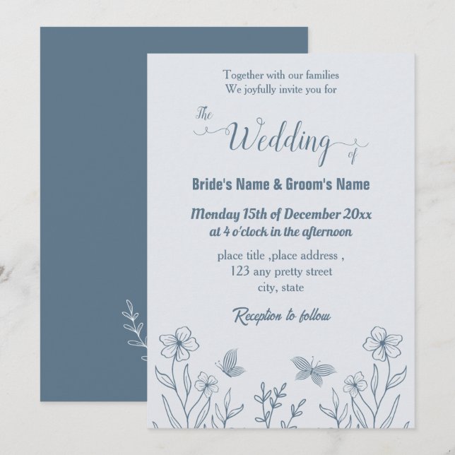Romantic elegant dusty blue floral wedding invitation (Front/Back)