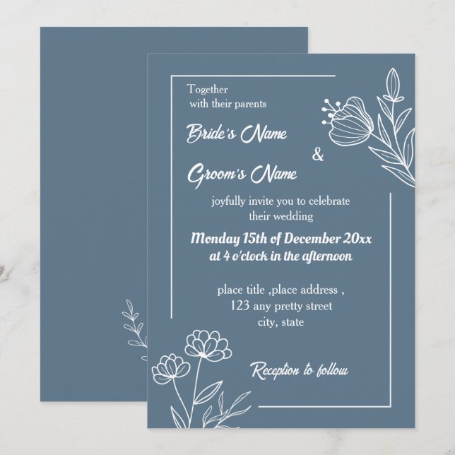 Romantic elegant dusty blue floral wedding invitation (Front/Back)