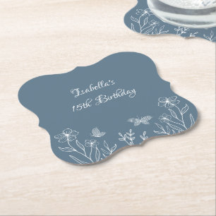 Romantic elegant dusty blue floral wedding paper coaster