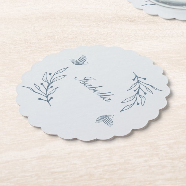 Romantic elegant dusty blue floral wedding paper coaster (Angled)