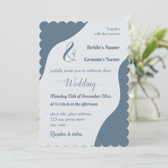 Romantic elegant dusty blue wedding invitation (Standing Front)