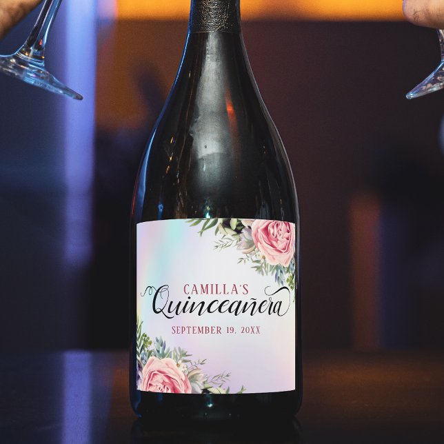 Romantic Elegant Floral Quinceañera Sparkling Wine Label (Creator Uploaded)
