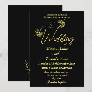 Romantic elegant gold butterflies black invitation