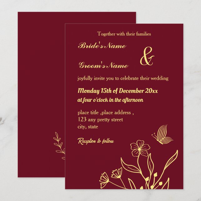 Romantic elegant gold butterflies burgundy invitation (Front/Back)