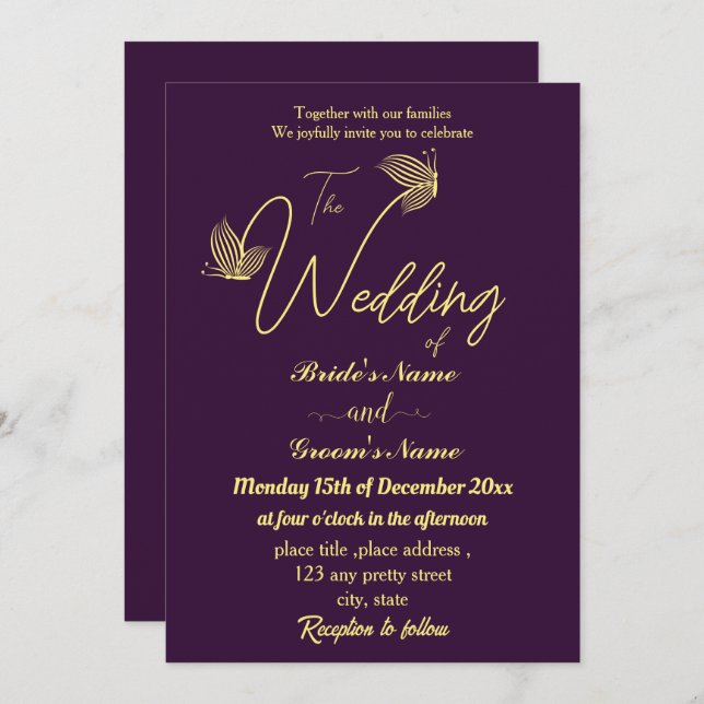 Romantic elegant gold butterflies purple invitation (Front/Back)