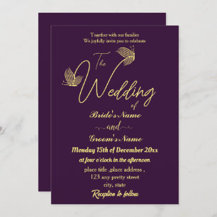 Romantic elegant gold butterflies purple invitation