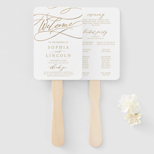 Romantic Elegant Gold Calligraphy Program Fan (Front and Back)