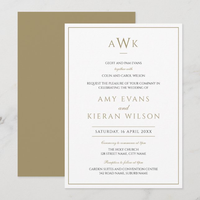 Romantic Elegant Gold Classic Monogram Wedding Invitation (Front/Back)