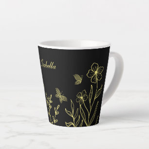 Romantic elegant gold floral black  latte mug