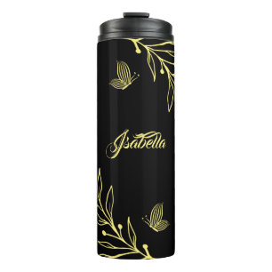 Romantic elegant gold floral black thermal tumbler