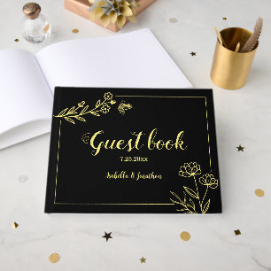 Romantic elegant gold floral black wedding guest book