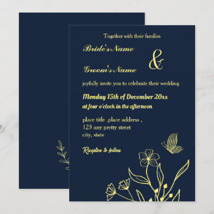 Romantic elegant gold flower & a butterfly navy invitation