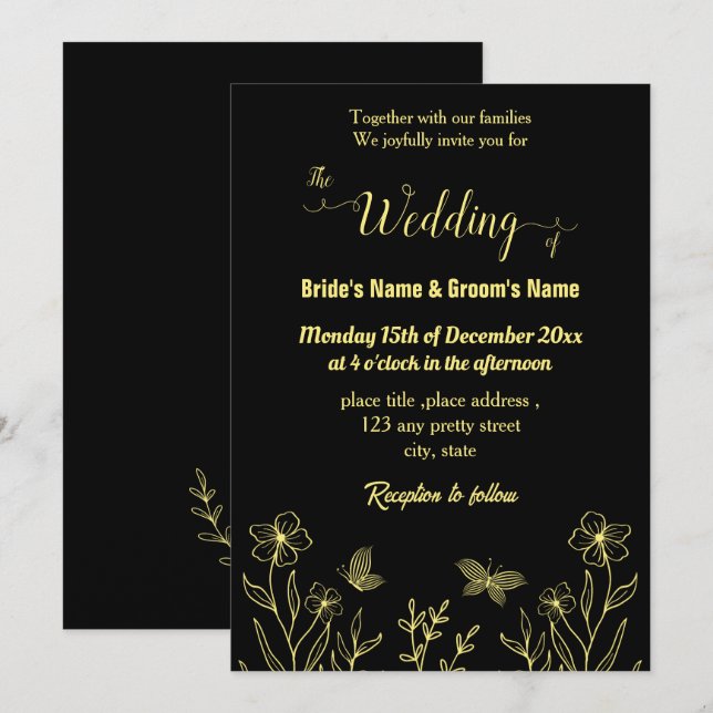 Romantic elegant gold flower black invitation (Front/Back)