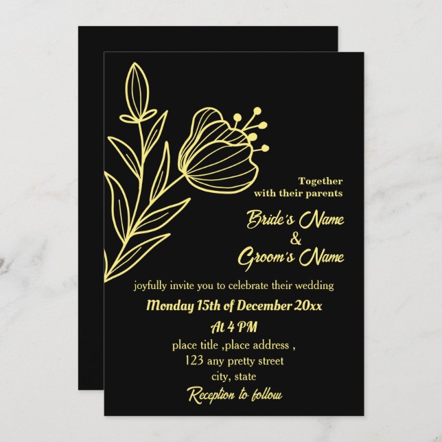 Romantic elegant gold flower black invitation (Front/Back)