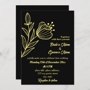Romantic elegant gold flower black invitation