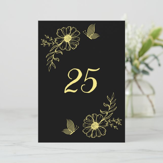 Romantic elegant gold flower black table number (Standing Front)