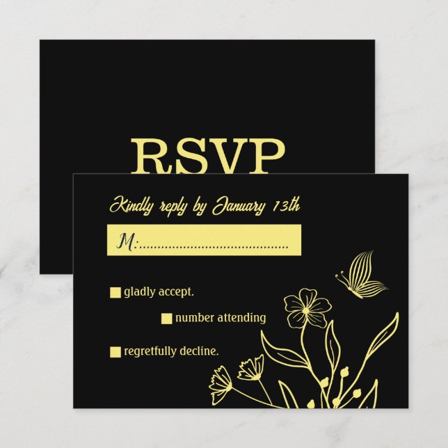 Romantic elegant gold flower black wedding RSVP card (Front/Back)