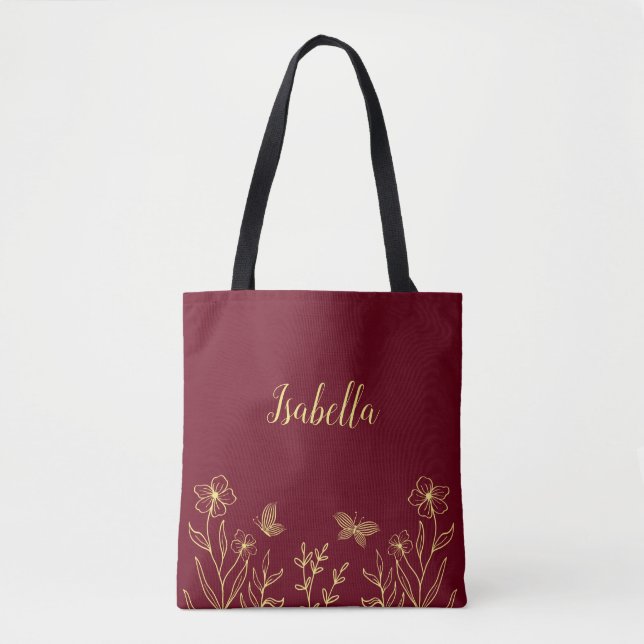 Romantic elegant gold flower burgundy tote bag (Front)