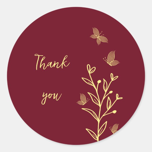 Romantic elegant gold flower burgundy wedding classic round sticker (Front)