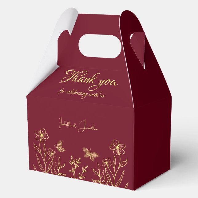 Romantic elegant gold flower burgundy wedding favour box (Front)