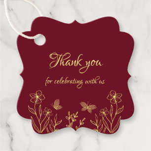 Romantic elegant gold flower burgundy wedding favour tags
