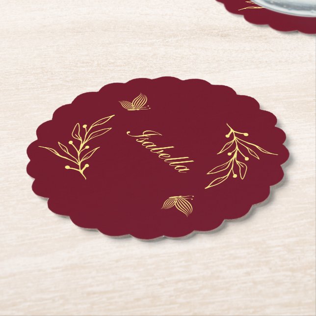 Romantic elegant gold flower burgundy wedding paper coaster (Angled)