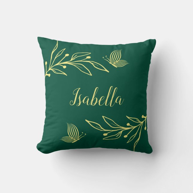 Romantic elegant gold flower emerald green cushion (Front)