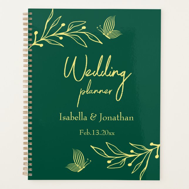 Romantic elegant gold flower emerald green planner (Front)