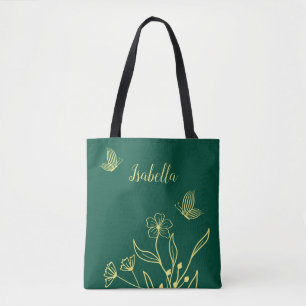 Romantic elegant gold flower emerald green tote bag