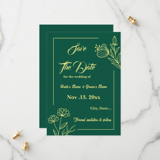 Romantic elegant gold flower emerald green wedding save the date (Front/Back In Situ)