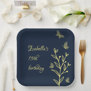 Romantic elegant gold flower navy paper plate