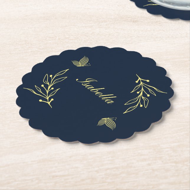 Romantic elegant gold flower navy wedding paper coaster (Angled)