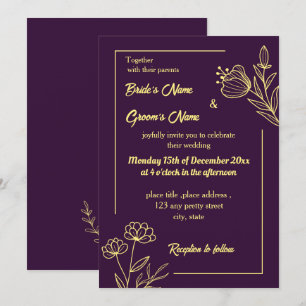 Romantic elegant gold flower purple invitation