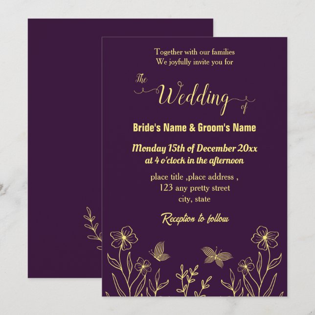Romantic elegant gold flower purple invitation (Front/Back)
