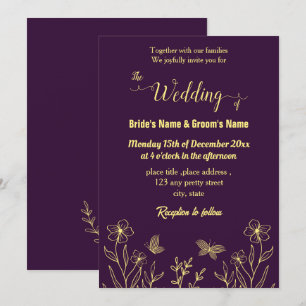 Romantic elegant gold flower purple invitation
