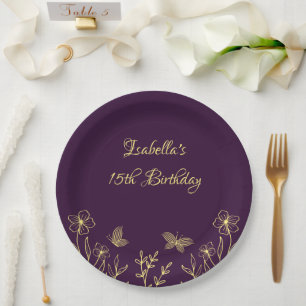 Romantic elegant gold flower purple paper plate