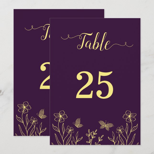 Romantic elegant gold flower purple table number  (Front/Back)