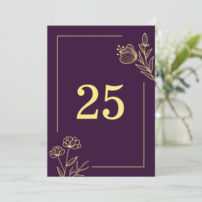 Romantic elegant gold flower purple table number  (Standing Front)