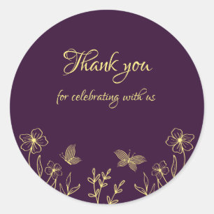 Romantic elegant gold flower purple wedding classic round sticker