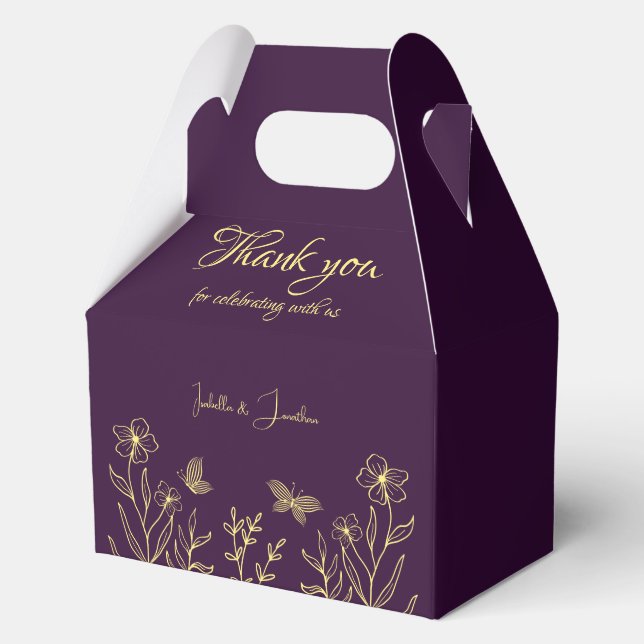 Romantic elegant gold flower purple wedding favour box (Front)