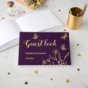 Romantic elegant gold flower purple wedding guest book