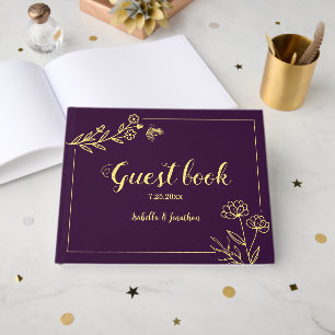 Romantic elegant gold flower purple wedding guest book